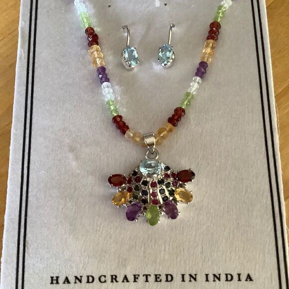 STERLING SILVER 925 MULTICOLORED GEMSTONE NECKLACE/EARRINGS SET - Picture 4 of 5